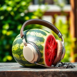 A vibrant and colorful watermelon resting on a wooden table, with a pair of vintage headphones draped over it, creating an amusing and playful scene