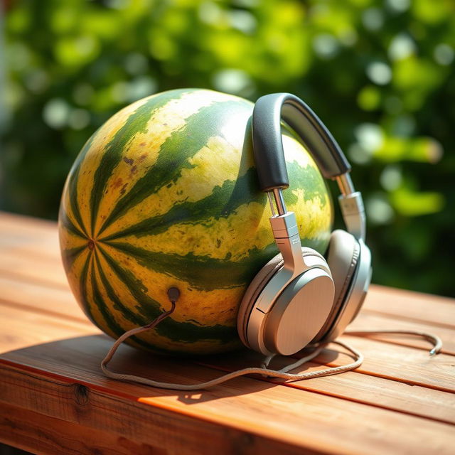 A vibrant and colorful watermelon resting on a wooden table, with a pair of vintage headphones draped over it, creating an amusing and playful scene