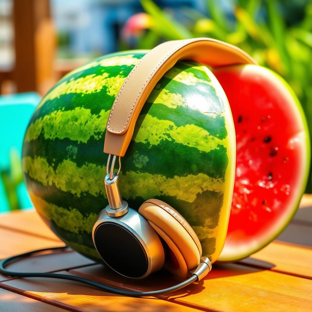 A vibrant and colorful watermelon resting on a wooden table, with a pair of vintage headphones draped over it, creating an amusing and playful scene