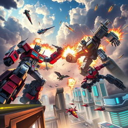 An epic scene from the Transformers universe, showcasing giant transforming robots engaged in an intense battle on a futuristic cityscape