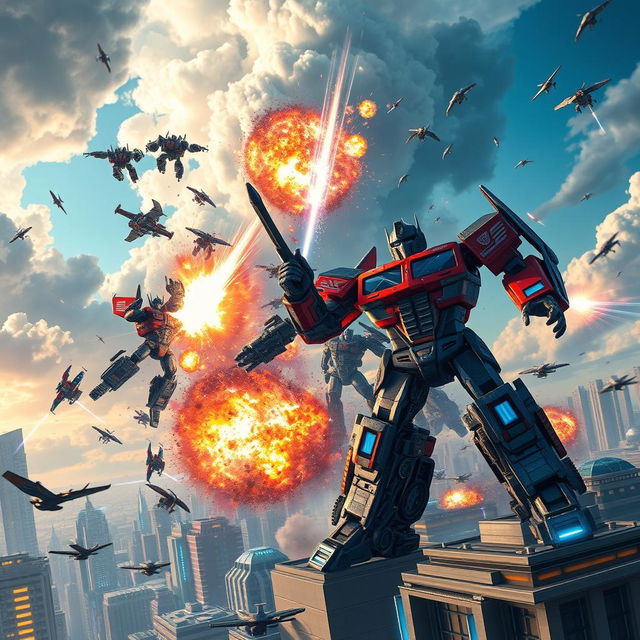 An epic scene from the Transformers universe, showcasing giant transforming robots engaged in an intense battle on a futuristic cityscape