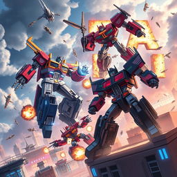 An epic scene from the Transformers universe, showcasing giant transforming robots engaged in an intense battle on a futuristic cityscape