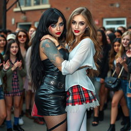 In a striking schoolyard scene, a sexy, hot, beautiful, stunning, and curvy tattooed girl with glossy black hair and captivating crystal blue eyes embraces a sexy, innocent, and curvy blonde girl, both 18 years old