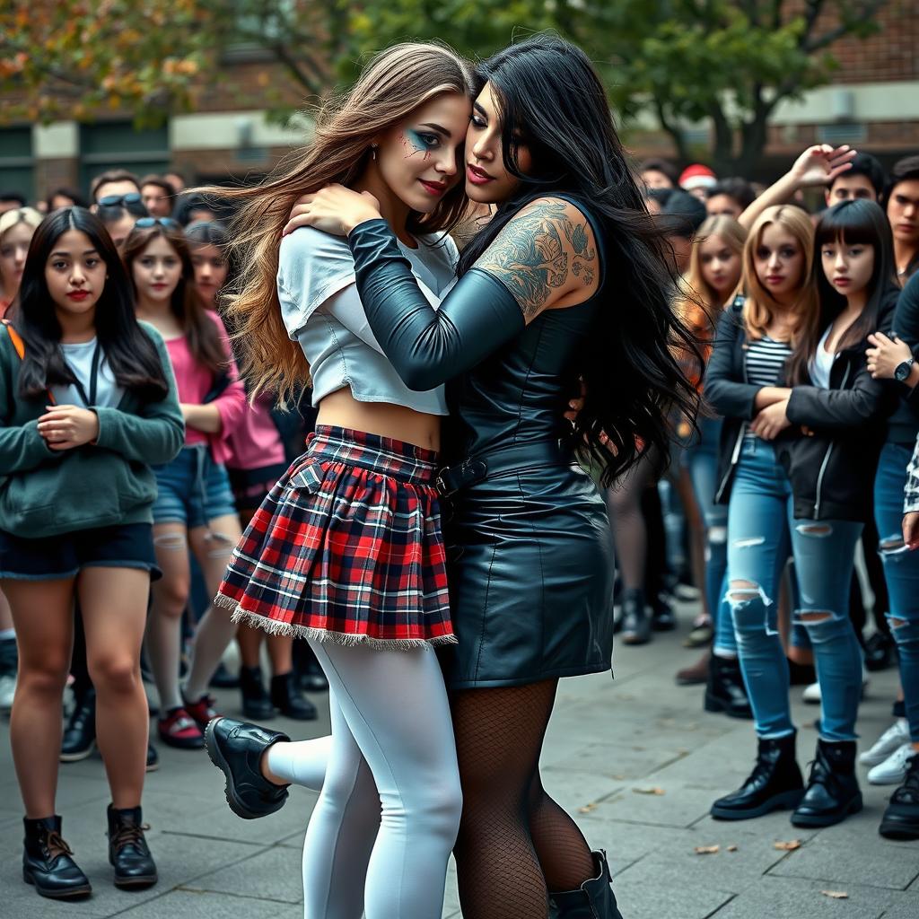 In a striking and emotional schoolyard scene, a sexy, hot, beautiful, stunning, and curvy tattooed girl with flowing black hair and captivating crystal blue eyes passionately embraces a sexy, innocent, and curvy blonde girl, both 18 years old