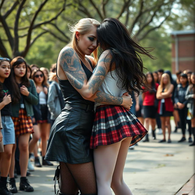 In a striking and emotional schoolyard scene, a sexy, hot, beautiful, stunning, and curvy tattooed girl with flowing black hair and captivating crystal blue eyes passionately embraces a sexy, innocent, and curvy blonde girl, both 18 years old