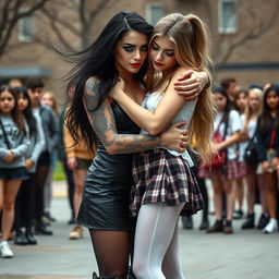In a dramatic schoolyard scene, a sexy, hot, beautiful, stunning, and curvy tattooed girl with flowing black hair and mesmerizing crystal blue eyes tenderly hugs a sexy, innocent, and curvy blonde girl, both 18 years old