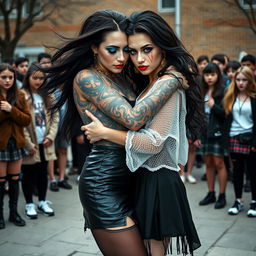 In a dramatic schoolyard scene, a sexy, hot, beautiful, stunning, and curvy tattooed girl with flowing black hair and mesmerizing crystal blue eyes tenderly hugs a sexy, innocent, and curvy blonde girl, both 18 years old