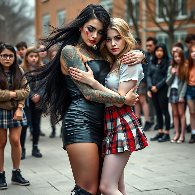 In a dramatic schoolyard scene, a sexy, hot, beautiful, stunning, and curvy tattooed girl with flowing black hair and mesmerizing crystal blue eyes tenderly hugs a sexy, innocent, and curvy blonde girl, both 18 years old