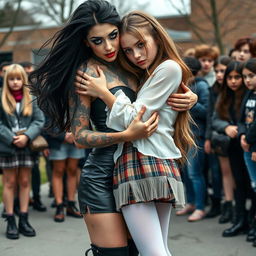 In a dramatic schoolyard scene, a sexy, hot, beautiful, stunning, and curvy tattooed girl with flowing black hair and mesmerizing crystal blue eyes tenderly hugs a sexy, innocent, and curvy blonde girl, both 18 years old