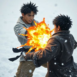 An intense action scene set in a snowy landscape, featuring two young men engaged in a fierce battle