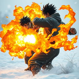 An intense action scene set in a snowy landscape, featuring two young men engaged in a fierce battle