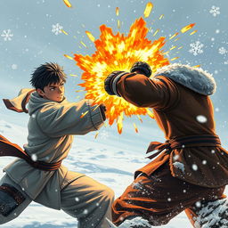 An intense action scene set in a snowy landscape, featuring two young men engaged in a fierce battle