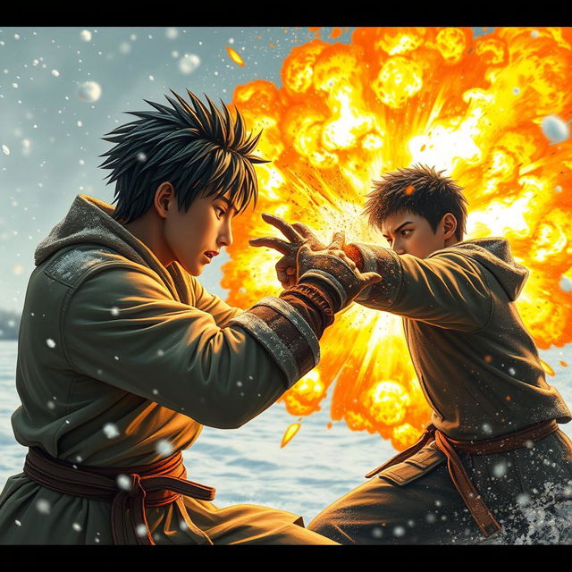 An intense action scene set in a snowy landscape, featuring two young men engaged in a fierce battle