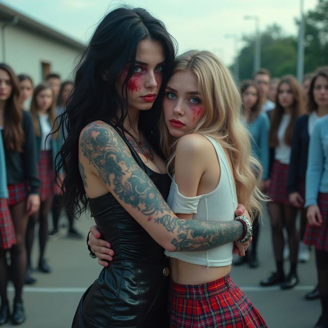 In a dramatic schoolyard scene, a sexy, hot, beautiful, stunning, and curvy tattooed girl with flowing black hair and striking crystal blue eyes embraces a sexy, innocent, and curvy blonde girl, both 18 years old