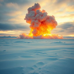 An expansive snowy landscape under a dramatic sky, showcasing a massive explosion in the air