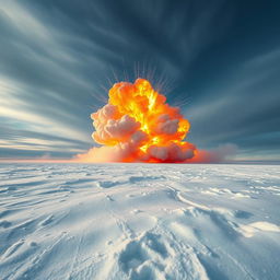 An expansive snowy landscape under a dramatic sky, showcasing a massive explosion in the air