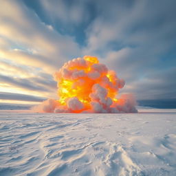 An expansive snowy landscape under a dramatic sky, showcasing a massive explosion in the air