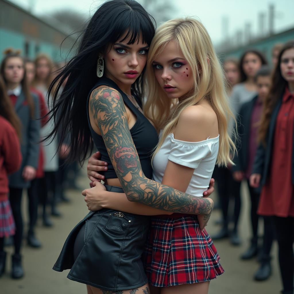 In a dramatic schoolyard scene, a sexy, hot, beautiful, stunning, and curvy tattooed girl with flowing black hair and striking crystal blue eyes embraces a sexy, innocent, and curvy blonde girl, both 18 years old
