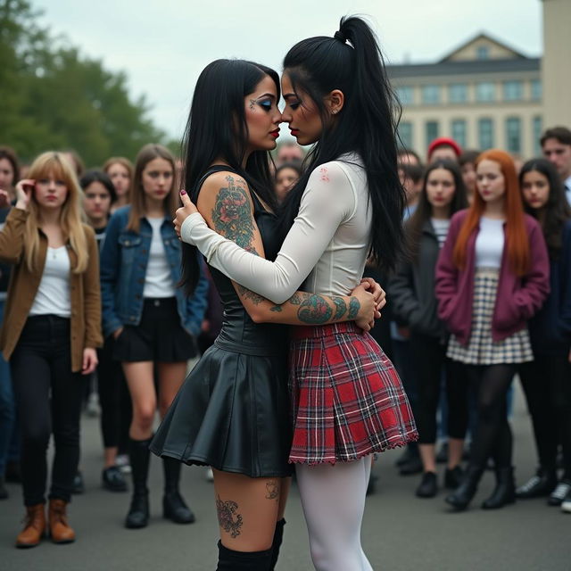 In a poignant schoolyard scene, a sexy, hot, beautiful, stunning, and curvy tattooed girl with long black hair and striking crystal blue eyes embraces a sexy, innocent, curvy blonde girl, both 18 years old