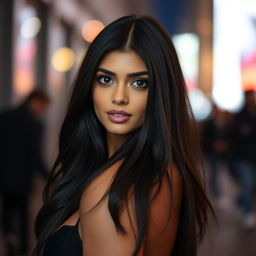 A portrait of Mia Khalifa, featuring her with long dark hair, striking dark eyes, and a confident expression
