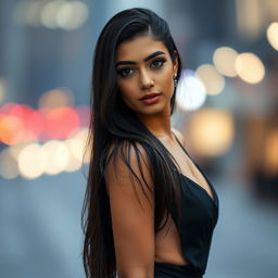 A portrait of Mia Khalifa, featuring her with long dark hair, striking dark eyes, and a confident expression