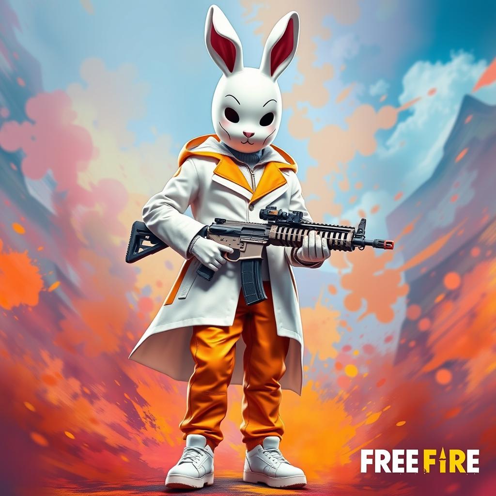 A vibrant and eye-catching masterpiece featuring a boy wearing a white rabbit mask, dressed in a striking white and orange coat and matching white and orange pants
