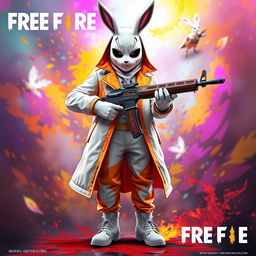 A vibrant and eye-catching masterpiece featuring a boy wearing a white rabbit mask, dressed in a striking white and orange coat and matching white and orange pants