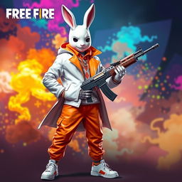 A vibrant and eye-catching masterpiece featuring a boy wearing a white rabbit mask, dressed in a striking white and orange coat and matching white and orange pants
