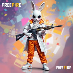 A vibrant and eye-catching masterpiece featuring a boy wearing a white rabbit mask, dressed in a striking white and orange coat and matching white and orange pants