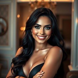 An artistic representation of a confident woman with long dark hair, striking features, and a captivating smile
