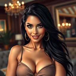 An artistic representation of a confident woman with long dark hair, striking features, and a captivating smile
