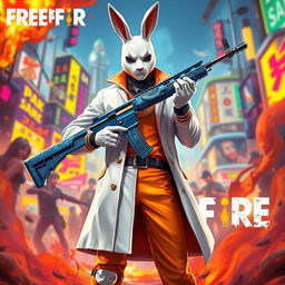 A vibrant and striking artwork inspired by Free Fire, featuring a man wearing a white rabbit mask, dressed in a stylish white and orange coat, along with matching white and orange pants