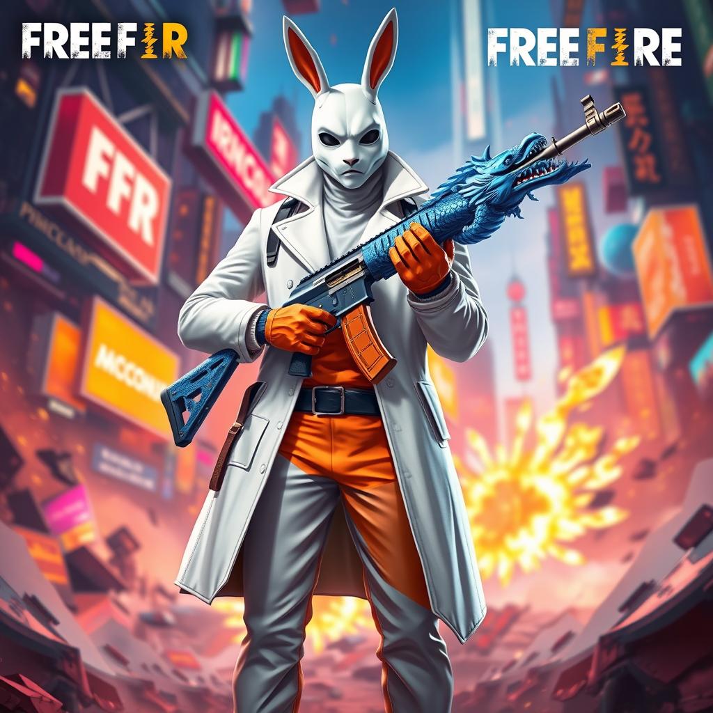 A vibrant and striking artwork inspired by Free Fire, featuring a man wearing a white rabbit mask, dressed in a stylish white and orange coat, along with matching white and orange pants