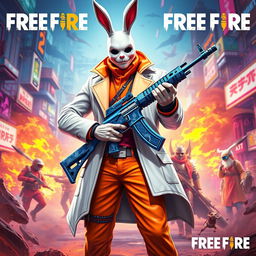 A vibrant and striking artwork inspired by Free Fire, featuring a man wearing a white rabbit mask, dressed in a stylish white and orange coat, along with matching white and orange pants