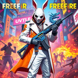 A vibrant and striking artwork inspired by Free Fire, featuring a man wearing a white rabbit mask, dressed in a stylish white and orange coat, along with matching white and orange pants