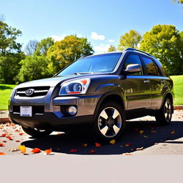 A 2008 Kia Sportage Active parked in a beautiful outdoor scenery, showcasing the car’s sleek design and attention to detail