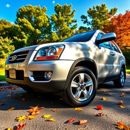 A 2008 Kia Sportage Active parked in a beautiful outdoor scenery, showcasing the car’s sleek design and attention to detail