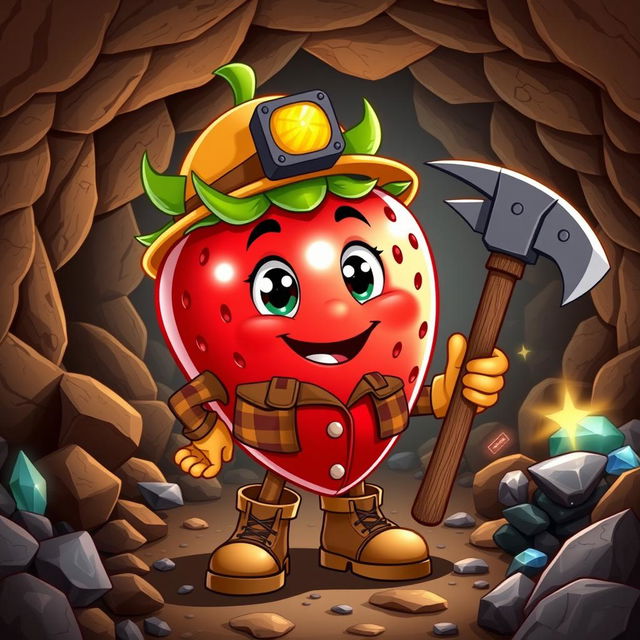 A cartoon character design depicting a humanoid fruit, specifically a vibrant red strawberry transformed into a miner