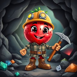 A cartoon character design depicting a humanoid fruit, specifically a vibrant red strawberry transformed into a miner