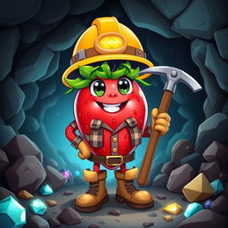 A cartoon character design depicting a humanoid fruit, specifically a vibrant red strawberry transformed into a miner