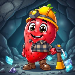 A cartoon character design depicting a humanoid fruit, specifically a vibrant red strawberry transformed into a miner