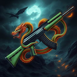 A highly detailed illustration of an AK-47 with an evolution theme, featuring a striking dragon design wrapped around the weapon