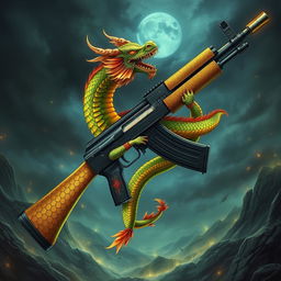 A highly detailed illustration of an AK-47 with an evolution theme, featuring a striking dragon design wrapped around the weapon