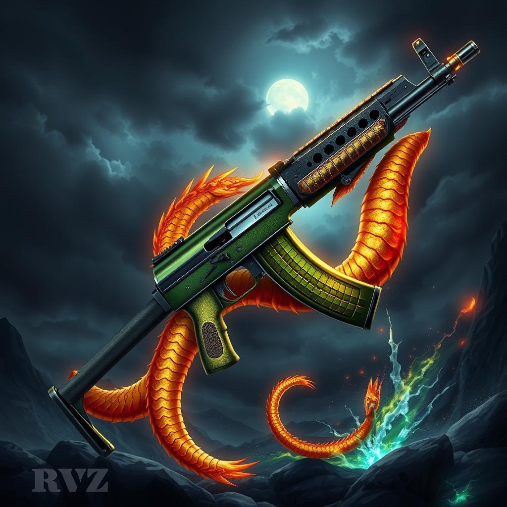 A highly detailed illustration of an AK-47 with an evolution theme, featuring a striking dragon design wrapped around the weapon