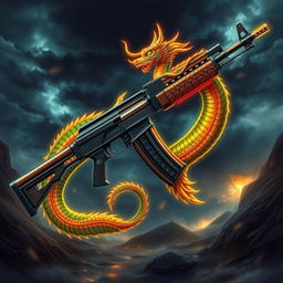 A highly detailed illustration of an AK-47 with an evolution theme, featuring a striking dragon design wrapped around the weapon