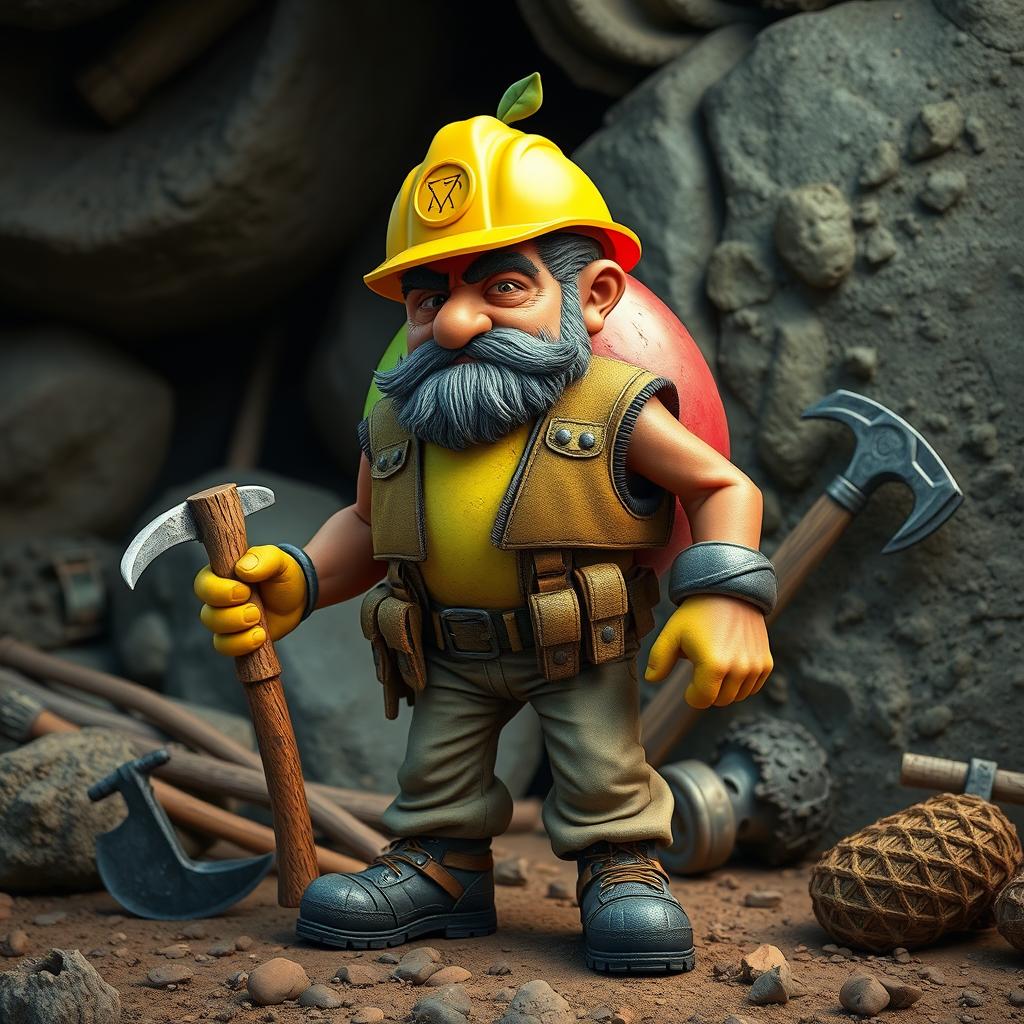 A highly realistic depiction of a personification of a fruit, designed with exceptional detail and realism, blending human features with elements of a specific fruit, showcasing a miner theme