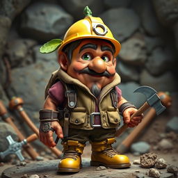 A highly realistic depiction of a personification of a fruit, designed with exceptional detail and realism, blending human features with elements of a specific fruit, showcasing a miner theme