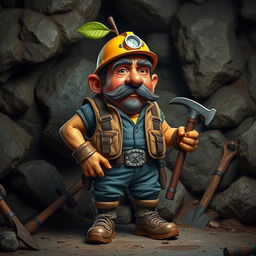 A highly realistic depiction of a personification of a fruit, designed with exceptional detail and realism, blending human features with elements of a specific fruit, showcasing a miner theme
