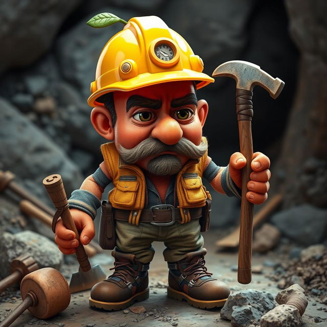 A highly realistic depiction of a personification of a fruit, designed with exceptional detail and realism, blending human features with elements of a specific fruit, showcasing a miner theme