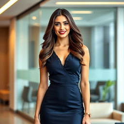 A stylish woman influencer standing confidently in a formal dress, exuding elegance and sophistication
